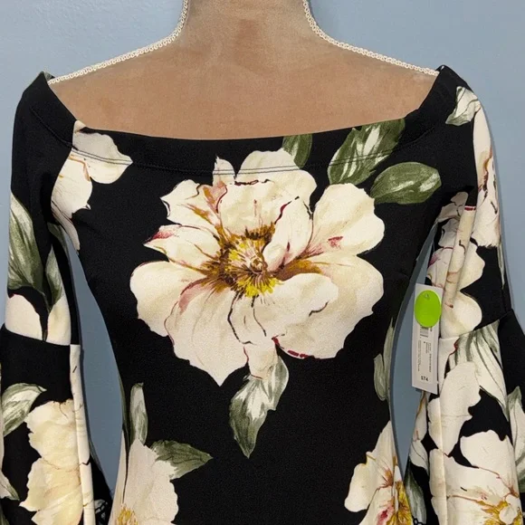 Premier Amour Chic Black Floral Midi Dress with Bell Sleeves Size 6 - Picture 2 of 13